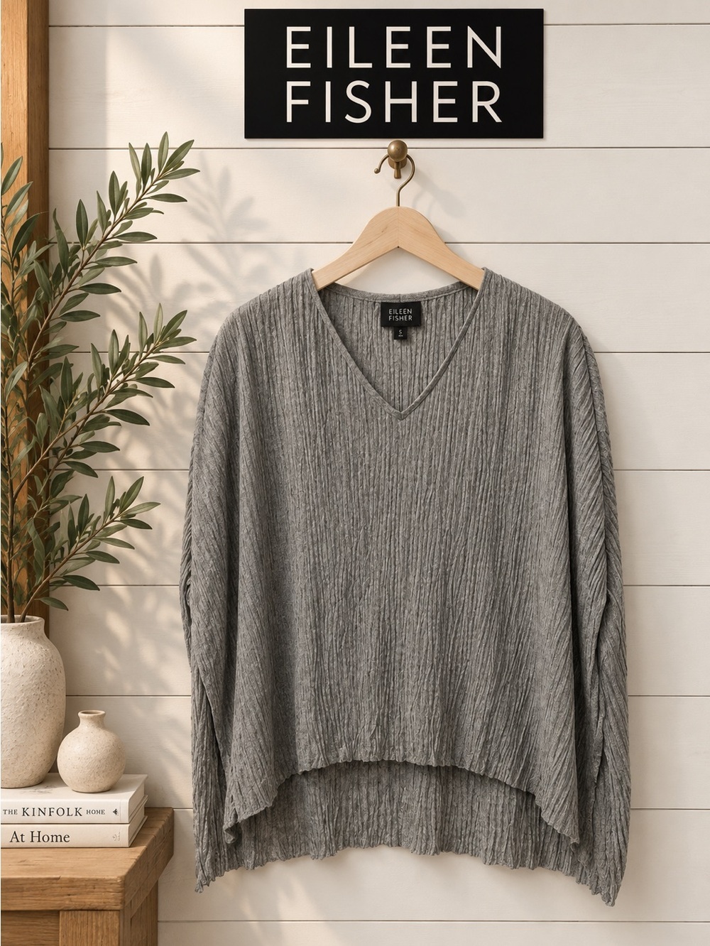 Eileen Fisher Sheer Crinkled Knit Top - Light Gray - Size L